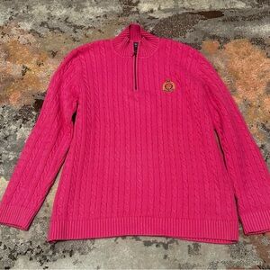 Lauren Ralph Lauren Sweater Ladies XL Pink Gold Cable Knit Zip Gold Logo